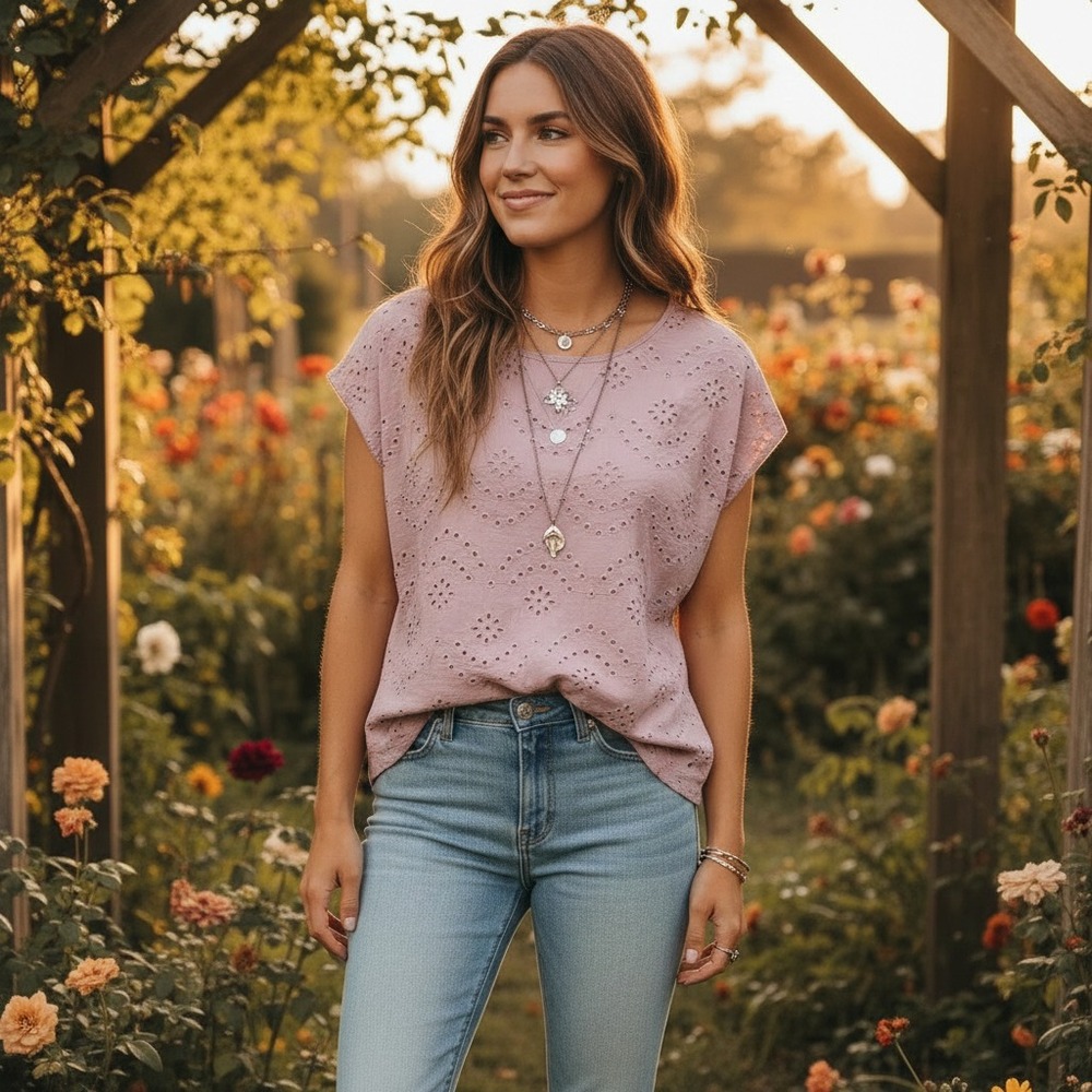 Old Navy S‎ Tee Top Pink Eyelet Boho Cottage Chic Indie Pastel Casual SS Fairy